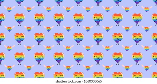 Rainbow hearts, seamless pattern for valentine's day lgbt, cartoon style, cute festive romantic background