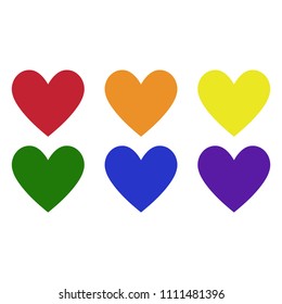 Rainbow Hearts - Set of 6 hearts in rainbow colors of red, orange, yellow green, blue, and purple