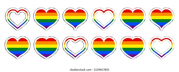 Rainbow hearts shape. Set of heart rainbow striped colors isolated on white background. LGBT pride month elements. Vector illustration.