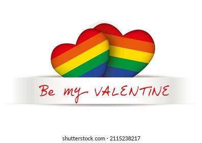 Rainbow hearts for valentines day,
with BE MY VALENTIN text on paper strips,
Vector illustration isolated on white background
