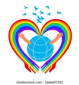 Rainbow heart-shaped hands embrace the planet earth.