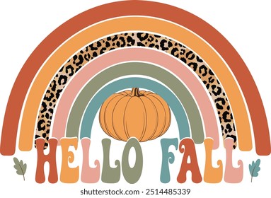 Rainbow Hello Fall text, calligraphy script text. Vector illustration. Design for print on shirt, poster, banner. on white background. Lovely print for tee shirt