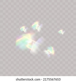 Rainbow highlights on a light background.Glare or reflection from water and glass.Glittering  particles for social media backgrounds, product presentations, photo shots.