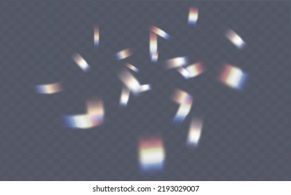 Rainbow highlights on a light background.Glare or reflection from water and glass.Glittering  particles for social media backgrounds, product presentations, photo shots.