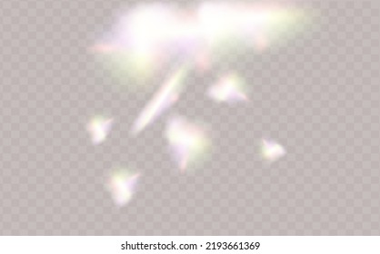 El arcoiris resalta sobre un fondo claro. Glare o reflexión sobre el agua y el vidrio. Partículas brillantes para los fondos de medios sociales, presentaciones de productos, fotos.