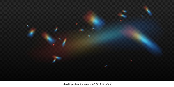 Arcoiris resalta la Plantilla sobre un fondo oscuro. Resplandor o reflexión del agua y la dispersión de vidrio. Partículas brillantes para fondos de medios sociales, fotos. Superposición de Vector de moda