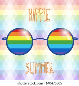 Rainbow Hippie Sun Glasses. Summer Postcard. Vector Illustration