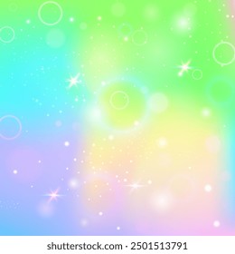 Rainbow Hologram. Green Fairy Invitation. Magic Pattern. Holographic Fantasy Invite. Yellow Mystical Gradient. Blue Blurred Background. Princess Backdrop. Cute Rainbow Hologram.