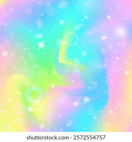 Rainbow Hologram. Green Girl Invitation. Kawaii Gradient. Iridescent Fantasy Effect. Yellow Colorful Background. Blue Galaxy Pattern. Fairy Texture. Dream Rainbow Hologram.