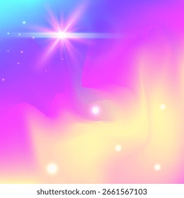 Holograma del arco iris. Patrón de princesa rosa. Gradiente de unicornio. Invitación cósmica iridiscente. Invitación de Purple Sparkles. Fondo de la galaxia lila. Telón de fondo de chica. Holograma del arco iris del sueño.