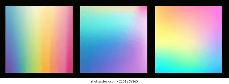 Rainbow hologram set with ombre gradient pattern and pastel texture. Soft blur and neon aura in modern digital wallpaper template. 