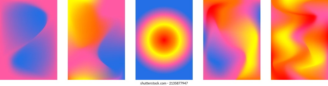 Colección de fondo holográfica del arcoiris con gradiente de malla abstracta moderno. Modelos lisos vectoriales amarillos, anaranjados, azules, rosados.