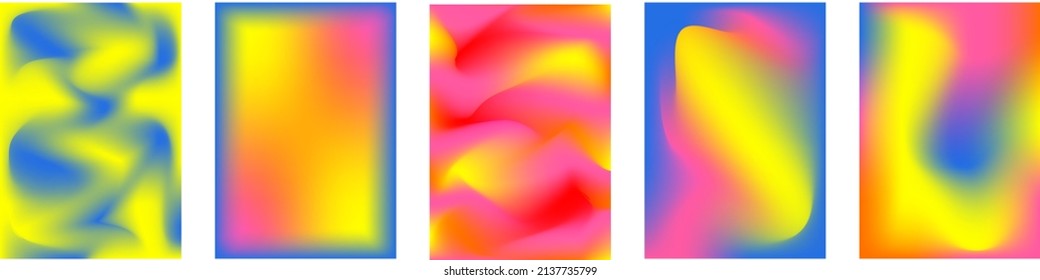 Rainbow holographic blurred background collection with modern abstract mesh gradient. Smooth vector yellow, orange, blue, pink templates.