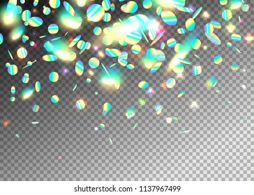 Rainbow holographic effect confetti background with glitter, neon, light foil particles. Iridescent round shape falling, floating elements. Motion dynamic glitch vector illustration