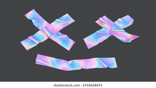 Rainbow holographic foil realistic vector illustration set. Dead face of iridescent tape. Neon design 3d elements on transparent background