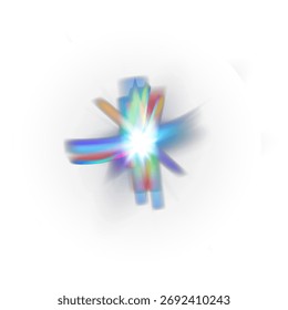 Rainbow holographic glare with prism reflection and iridescent dispersion. Abstract vector light leak overlay for glass, crystal, or festive glitter backgrounds.