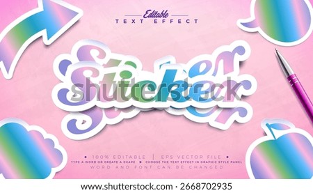 Rainbow Holographic Sticker Text Effect Design Vector Editable Illustrator Graphic Style with Customizable Doodle Font on Pink Background. Premium Typography Lettering Illustration Template Education