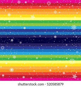 Rainbow horizontal striped snow background. Marry Christmas and Happy New Year multicolored backdrop