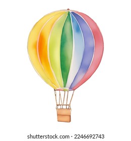 rainbow hot air balloon hand drawn with watercolor painting style illustration