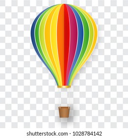 Rainbow hot air balloon isolated on transparent background as paper art and craft style concept. vector illustration.