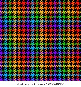 Rainbow houndstooth check pattern. Seamless colorful dark bright neon dog tooth tweed tartan in black, purple, blue, green, orange, red, yellow for dress, shirt, other autumn winter textile design.