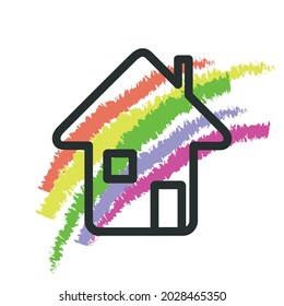 Rainbow, house icon. Everything will be good concept. Black contour line image, multicolored ink brush stroke stripes illustration. White background. Vector