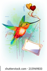 Rainbow humming bird with empty card for text, gold and red hearts, on the vertical splash background