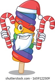 Rainbow ice cream Cartoon character wearing Santa costume bringing a candy