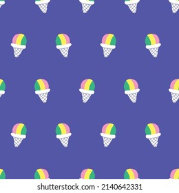 Patrón vectorial sin fisuras del cono de helado arcoiris. El fondo veraniego se repite en colores alegres para el uso de los niños, decoración infantil, textiles, tela, envoltura de regalo