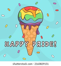 Rainbow ice cream with confetti isolated on blue background. LGBT banner. Happy Pride Month poster, postcard. Vibrant gay cartoon art and greeting text. Festive vector illustration