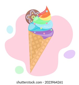 Helado de arcoiris aislado. Crema de hielo en cono de gofre decorado con rociado y galleta. Postre colorido. Ilustración vectorial.