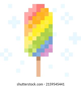 Rainbow ice cream stick pixel art. Vector illustration.