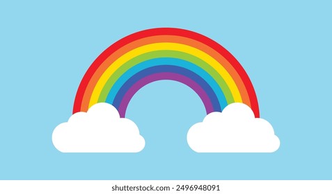 Rainbow icon. Rainbow with clouds. Colors red, orange, yellow, green, blue, dark blue and purple. Vector illustration.