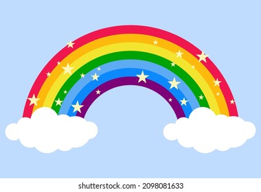 Icono arcoiris, icono arco iris con nubes sobre un fondo azul. Dibujo vectorial.
