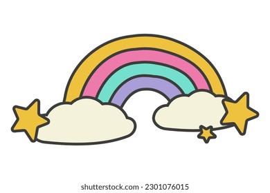 Rainbow icon in clouds with stars. Flat design style. Vector illustration.