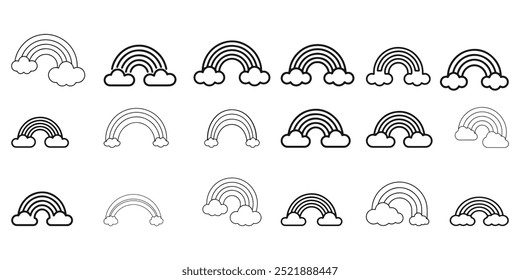 Regenbogen-Symbolsammlung. Mit Regenbogen, Wolke und Regen-Symbol im Grafikdesign. bunter und schwarz-weißer Regenbogen zum Färben Buch. Kollektion von Rainbow-Gliederungssymbolen