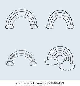 Regenbogen-Symbolsammlung. Mit Regenbogen, Wolke und Regen-Symbol im Grafikdesign. bunter und schwarz-weißer Regenbogen zum Färben Buch. Kollektion von Rainbow-Gliederungssymbolen