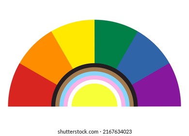 Rainbow icon with colors sector style. Black and brown stripes. Hand fan Pride flag community. Vector illustration