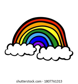 Rainbow icon. Cute childish sketch drawing. Bright colored contour silhouette. Vector flat graphic hand drawn illustration. The isolated object on a white background. Isolate.
