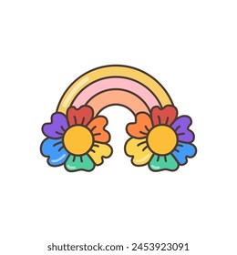 Rainbow icon with flowers in LGBT flag colors. Illustration in cartoon style. 70s retro clipart vector design.