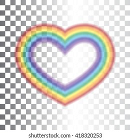 Rainbow icon heart. Shape realistic sign, isolated on transparent background. Colorful light and bright design element for decorative concept. Symbol of rain, sky, clear and love. Vector illustration.