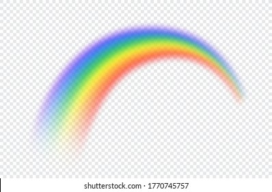 Rainbow icon. Iridescent arch isolated on transparent background. Colorful realistic rainbow. Color spectrum. Sky concept after rain. Spring and summer design. Fantasy light. Sun weather. Vector