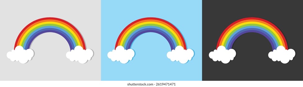 Rainbow icon isolated on blue sky background. Rainbow icon. Clouds and rainbow icon vector style design.
