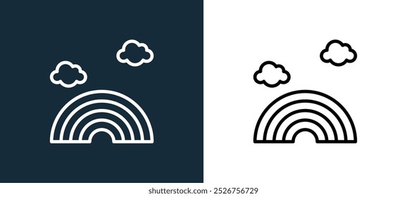 Icono del arco iris aislado en colores blancos y negros Icono del Vector lineal del contorno del arco iris de la colección de la naturaleza para los App móviles, el Web y la interfaz de usuario.