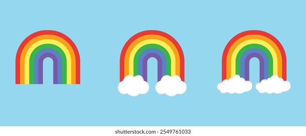 Rainbow icon isolated set in different style vector illustration on white background. Rainbow with multi style clouds.