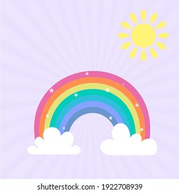 Rainbow Icon In Pastel Colors, Shining Stars, Sun And Clouds On A Rose Sky Background. Vector Illustration, Cartoon Style.