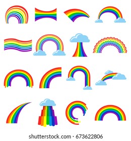 Icono arcoiris y conjunto de pictogramas. Imagen brillante de siete colores en el cielo con nubes, símbolo del orgullo LGBT. Ilustración de estilo plano vectorial arco iris aislada en fondo blanco