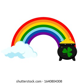 Rainbow icon with pot of gold coins and cloud at the ends isolated on white background. St patrick's day flat design cartoon style sign. Vector illustration of lucky symbol.