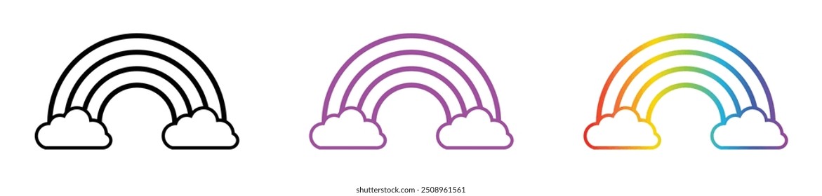 Rainbow icon set in different style. Clouds and rainbow icon set in line style. Outline, flat, glyph, color, gradient. Vector illustration.