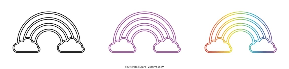 Rainbow icon set in different style color. Clouds and rainbow icon set in line style. Outline, flat, glyph, color, gradient. Vector illustration.